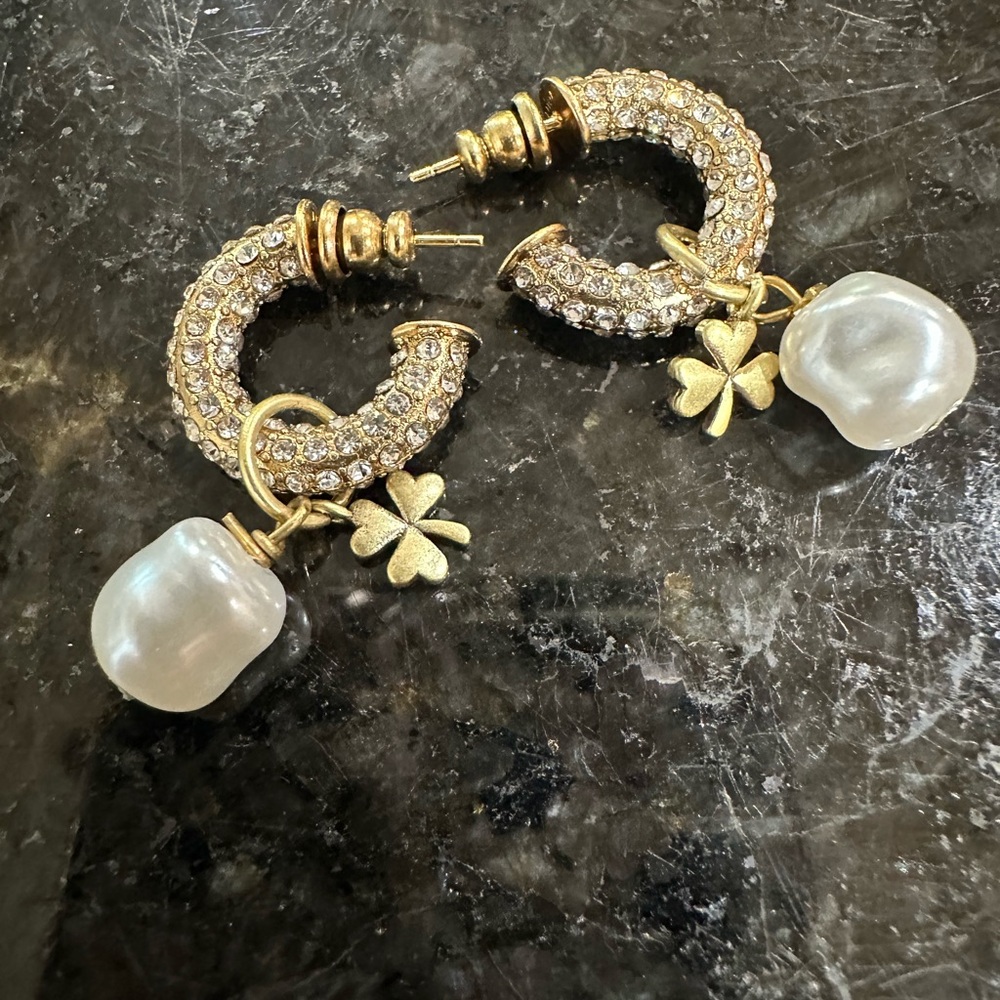 Gold and Pearl Clover Charm Earrings